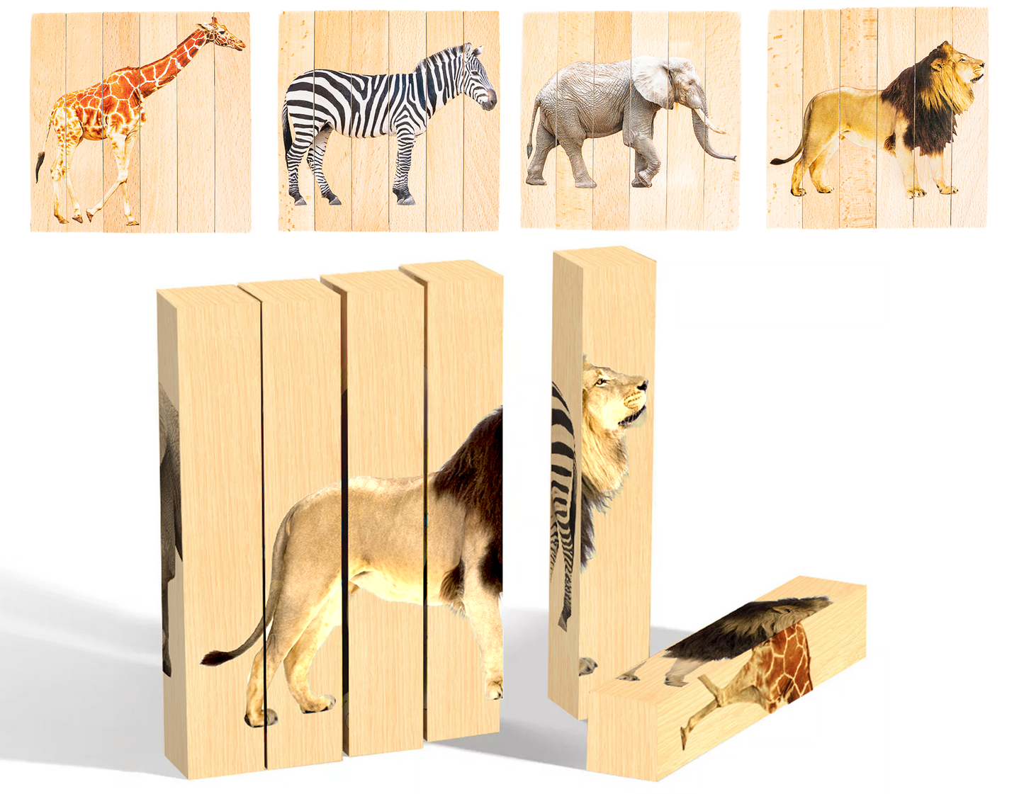 Puzzle Montessori 4 en 1 sur le thème des animaux du safari